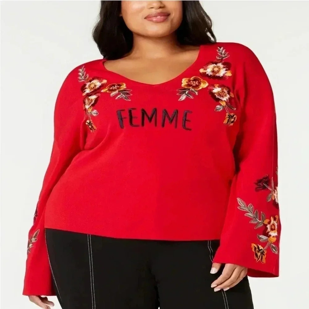 INC Women’s Long Sleeve Femme Blouse with Embroidered Flowers Bell Sleeves